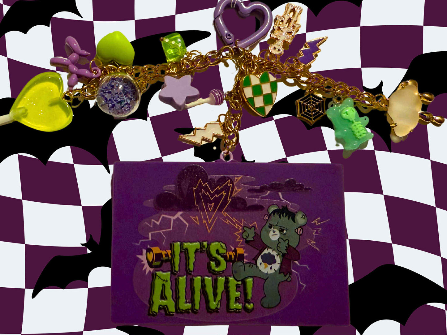 Grumpy Bear as Frankenstein 'It's Alive!' Monster Keychain