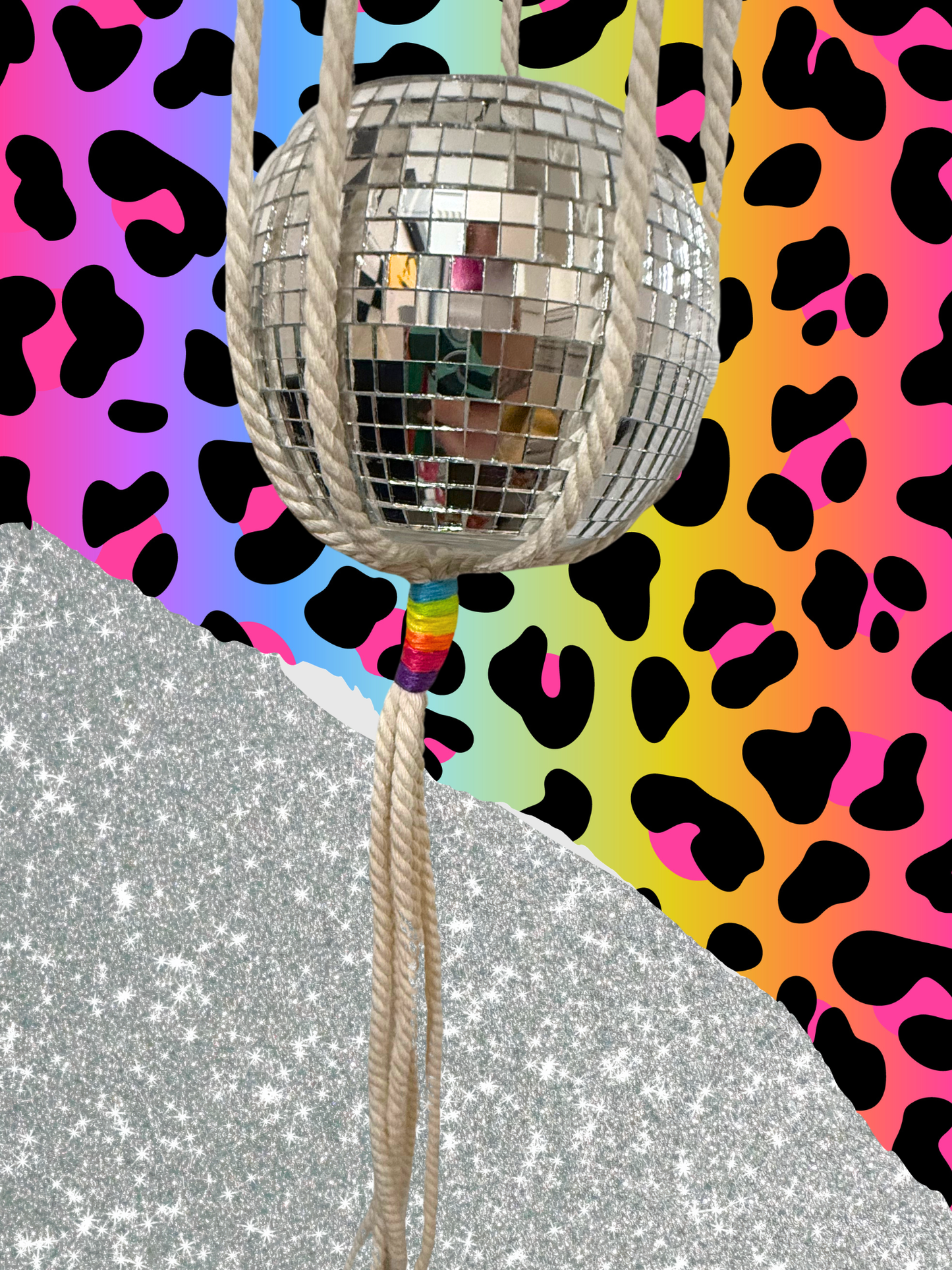 Rainbow Nostalgia Macrame Disco Ball Hanger